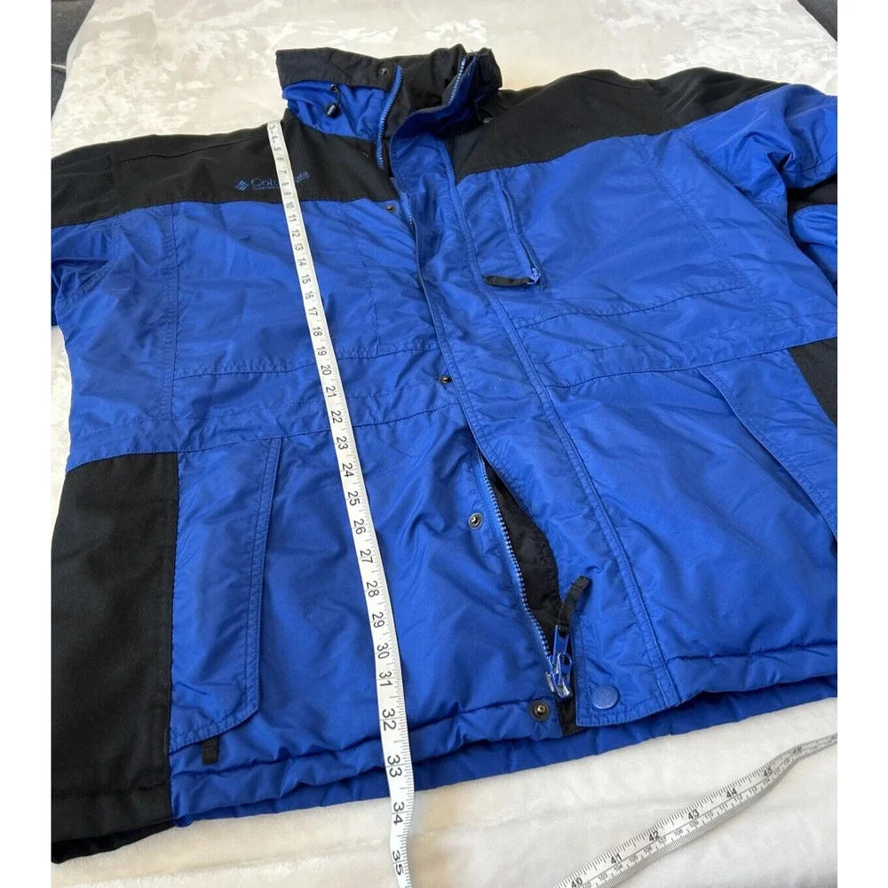 Columbia Men's Parka Sz L Blue/Black Nylon Hooded Pockets Adj Waist Fleece Lined